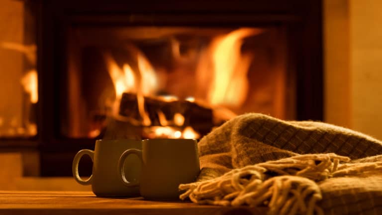 Two cups in front of the fire with a blanket beside them