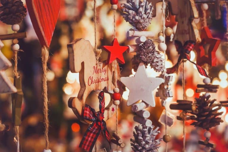 Christmas decorations hanging at market