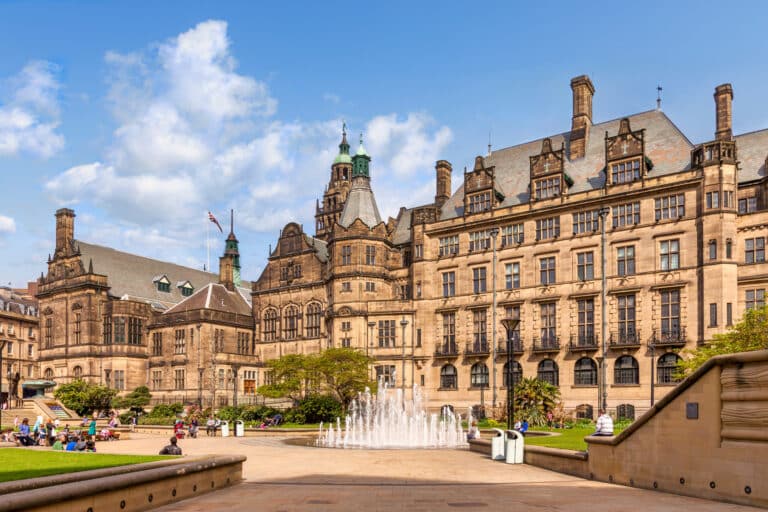 Buildings in Sheffield with water fountain landscape photo